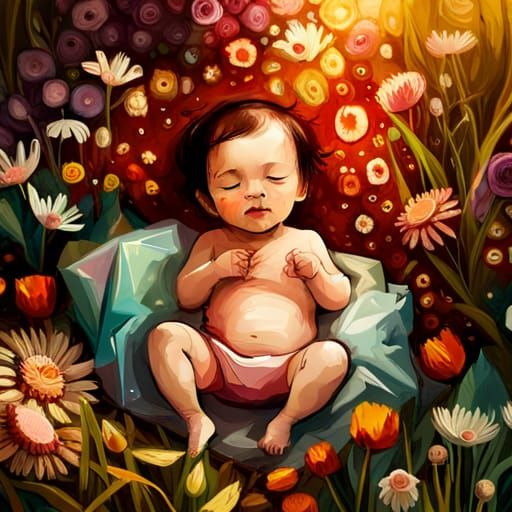 Happy Baby in Flower Meadow: Hyperrealistic Digital Art