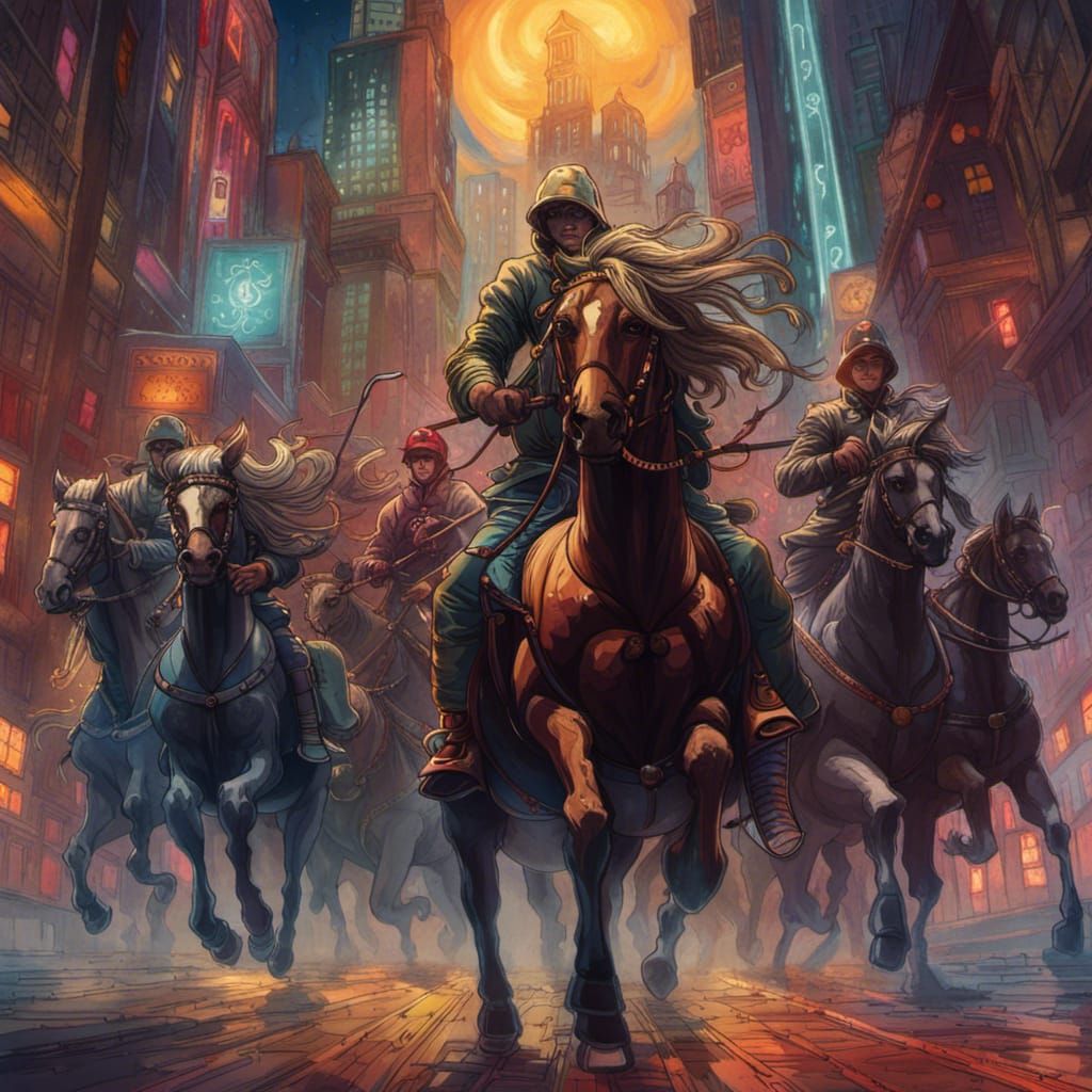 Four Horsemen Ride: Hyperrealistic Apocalypse in Neon City