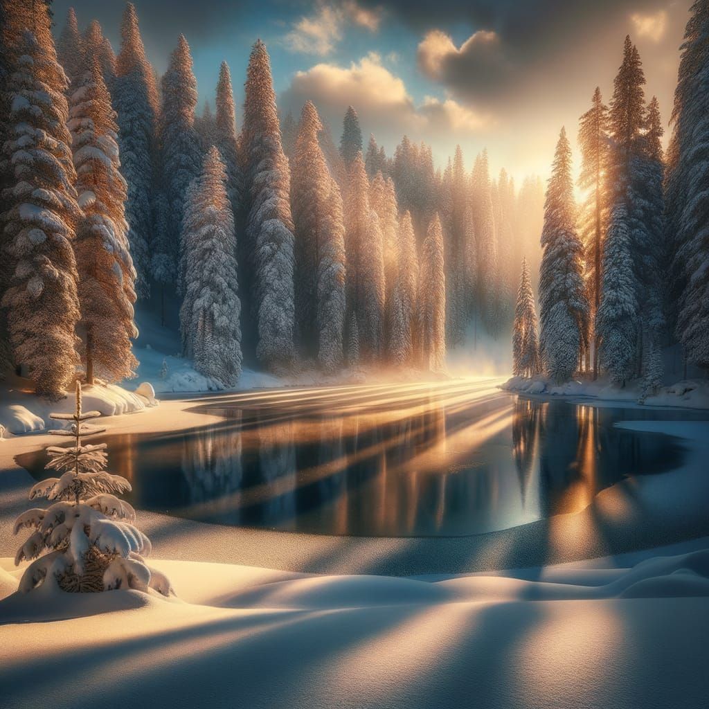 Winter Serenity: Snowy Pine Forest with Frozen Lake