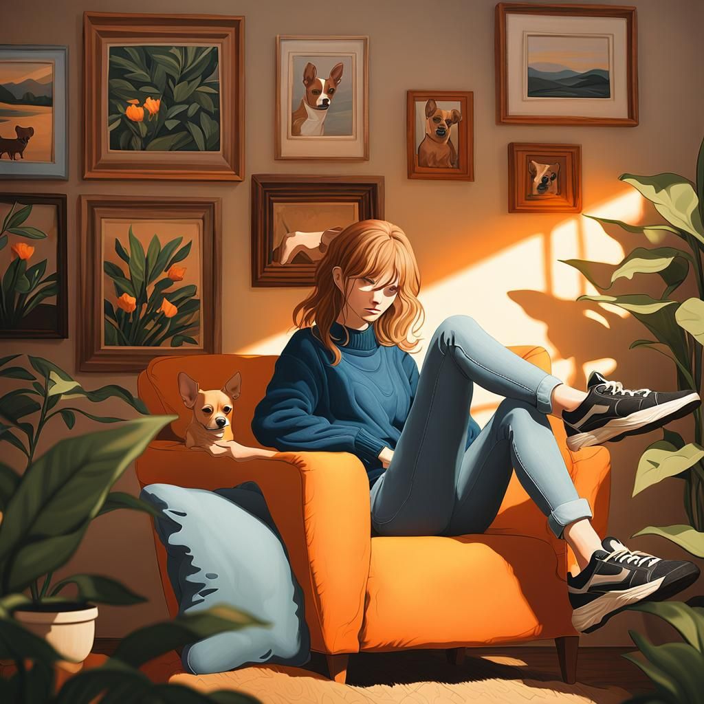 A young woman sitting on an orange cushioned chair with her ...