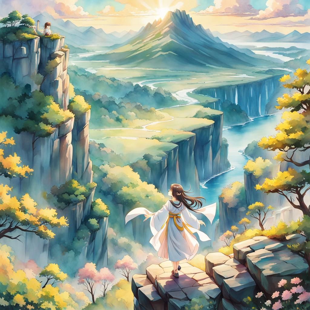 Anime Woman Overlooking Serene Landscape in Watercolor Style