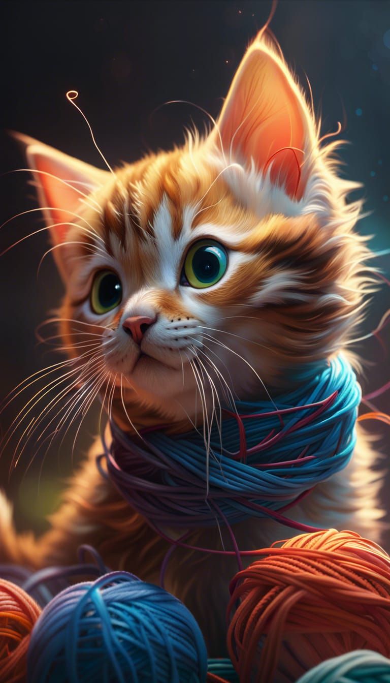 Hyperrealistic Kitten Plays with Yarn in Splash Art Style