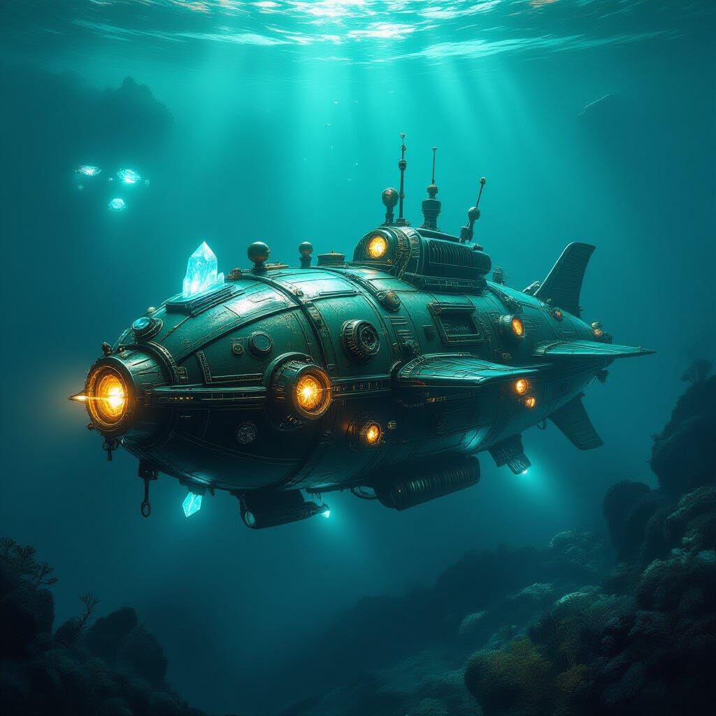 Steampunk Submersible in Alien Ocean with Glowing Flora