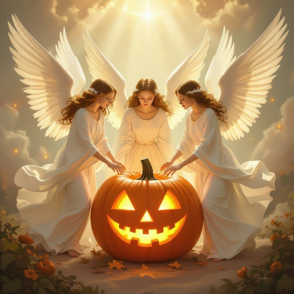 Angels Surround Glowing Jackolantern in Celestial Scene
