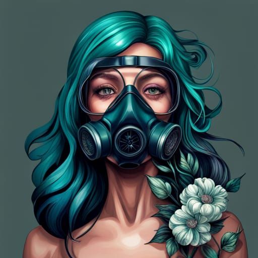 Girl in Gasmask with Flowers: Hyperrealistic Portrait