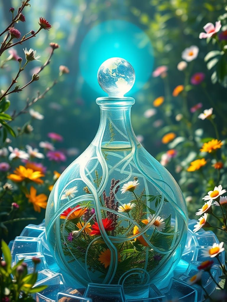 Ethereal Crystal Potion in Whimsical Nature Scene