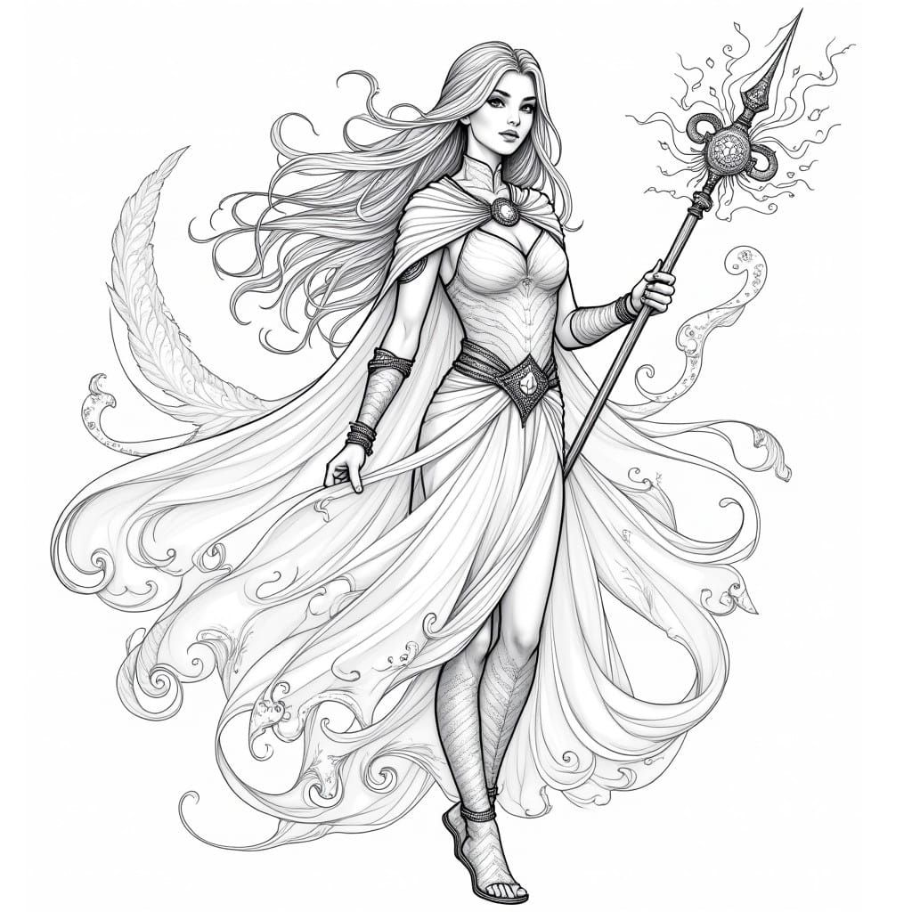 Ethereal Fantasy Warrior in Black and White Line Art