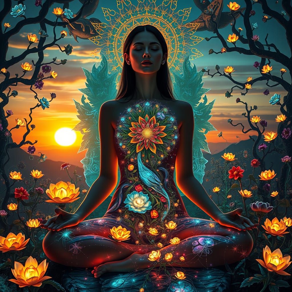 Surrealist Mystical Woman Meditating in Labyrinth of Light