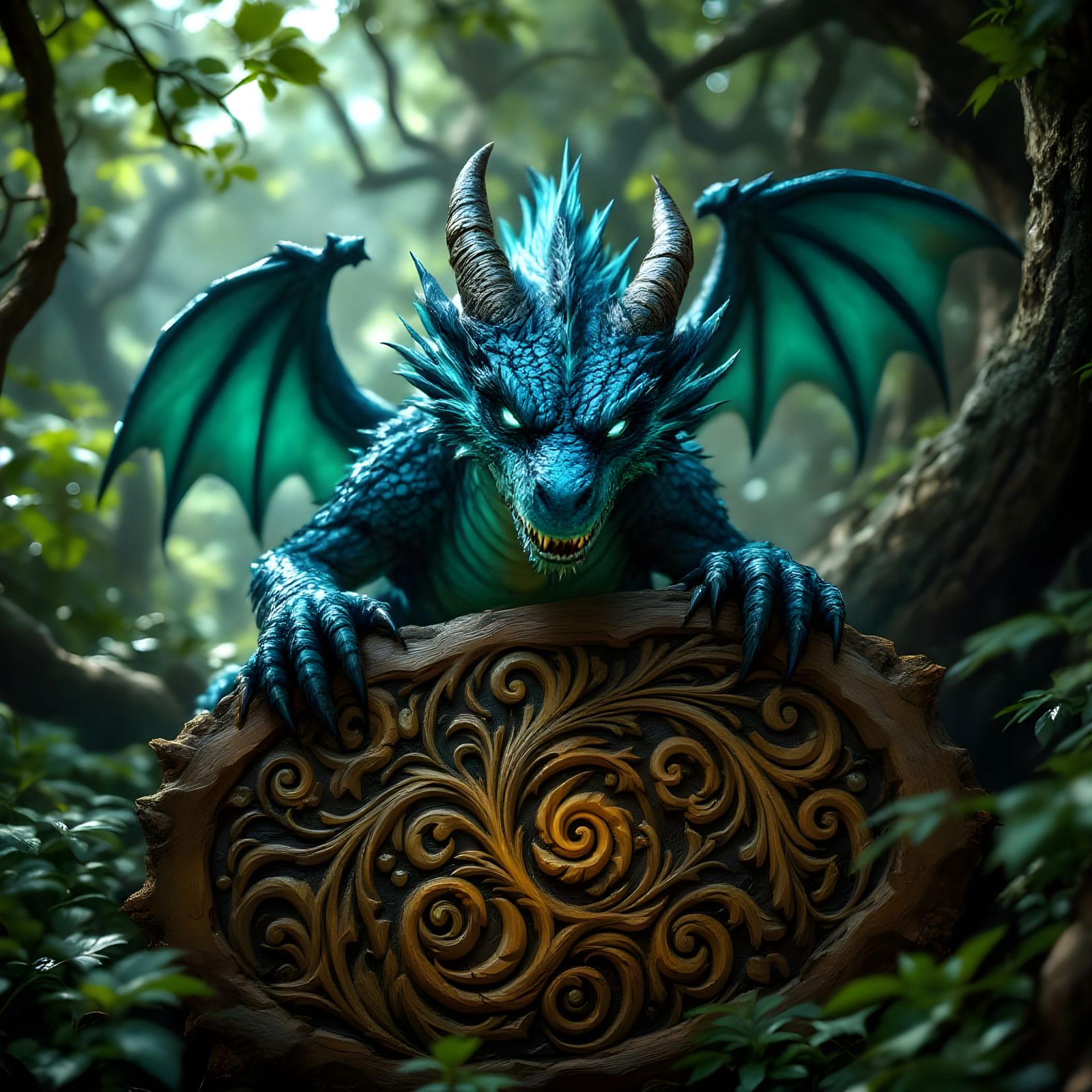 Glowing Teal Dragon on Carved Platform