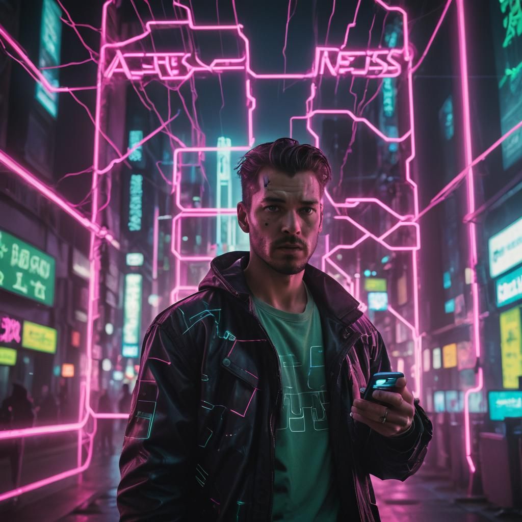Frustrated Man in Cyberpunk Neon-Noir Cityscape