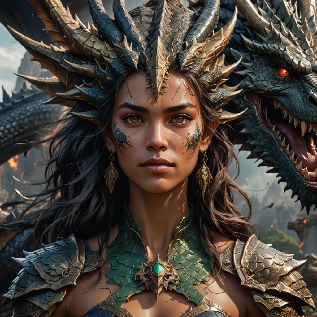 Half-Dragon Woman Portrait in Dark Fantasy Style