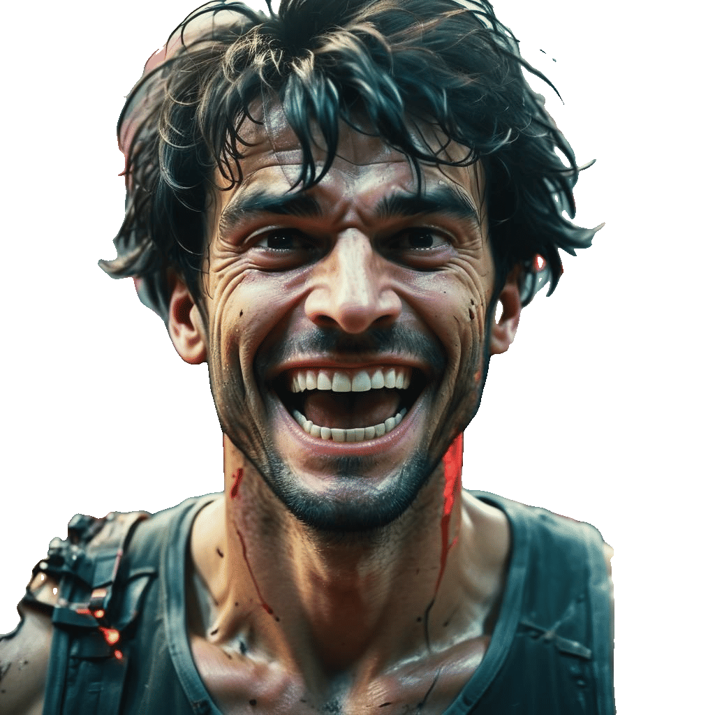 Intense Cinematic Portrait of a Man with Crazy Smile