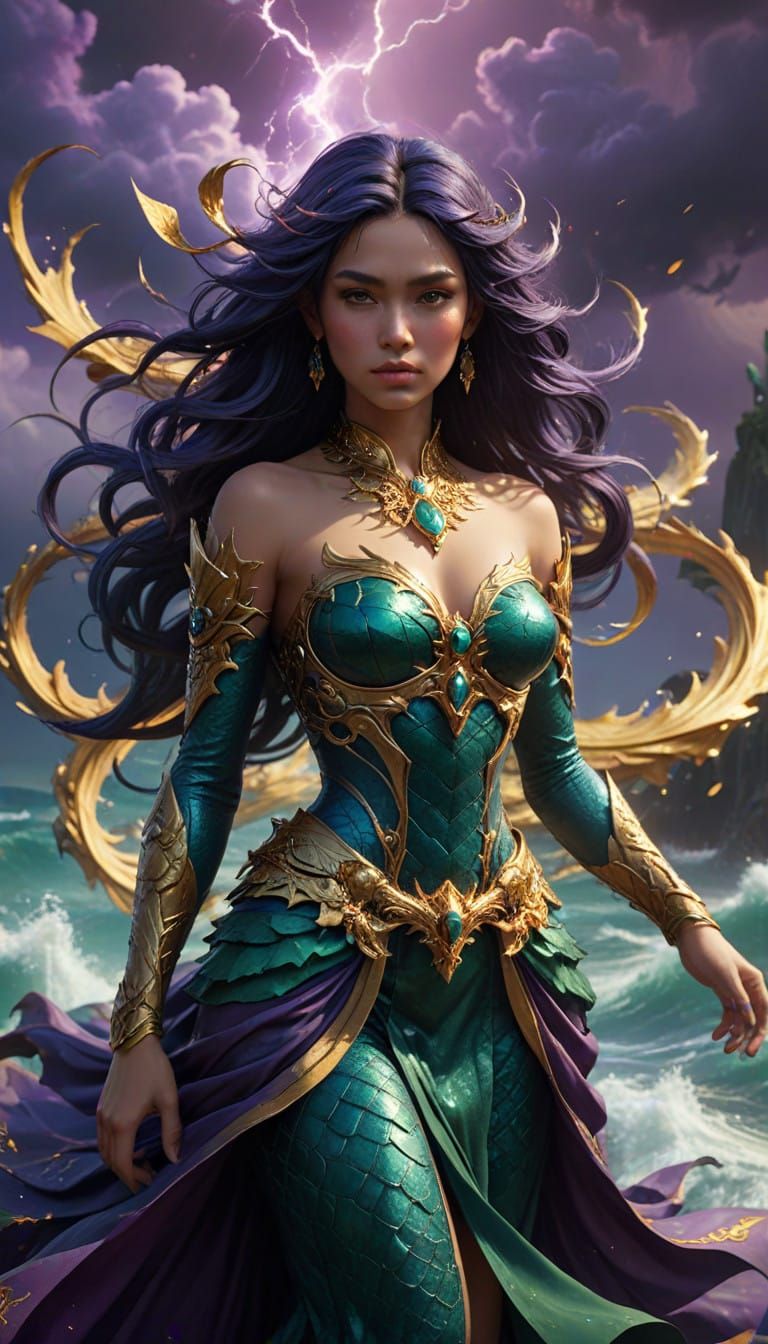 Mythical Sea Queen Commands Majestic Dragon in Dark Fantasy...