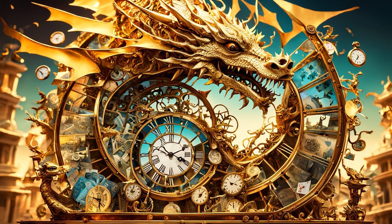 Clockwork Dragon Ascending Glass Staircase in Surreal Style