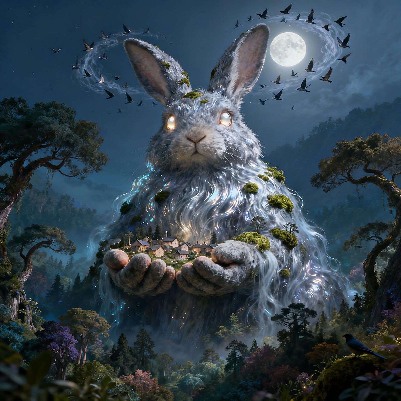 Giant Moonlit Bunny Guardian Over Enchanted Forest