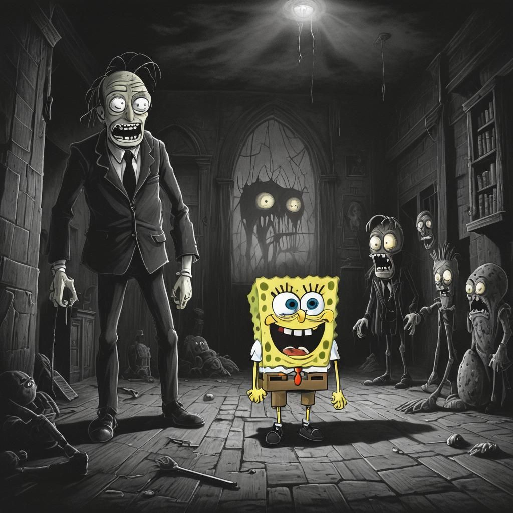 Terrified SpongeBob in Dark Gothic Horror Style