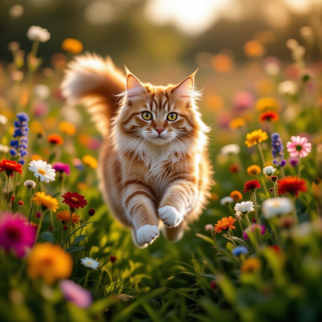 Fluffy Ginger Cat Leaps Through Vibrant Flower Field