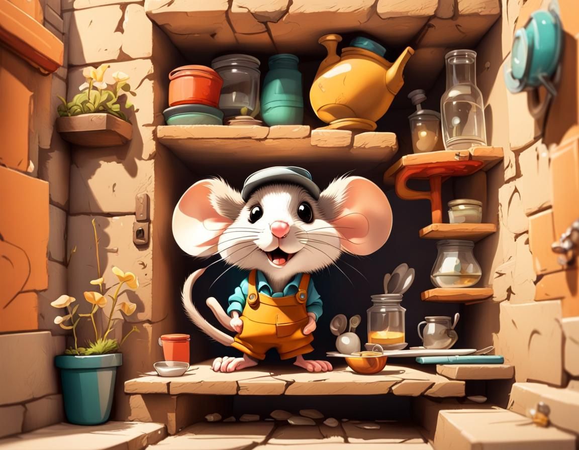 Cartoon Mouse in Maximalist Apartment