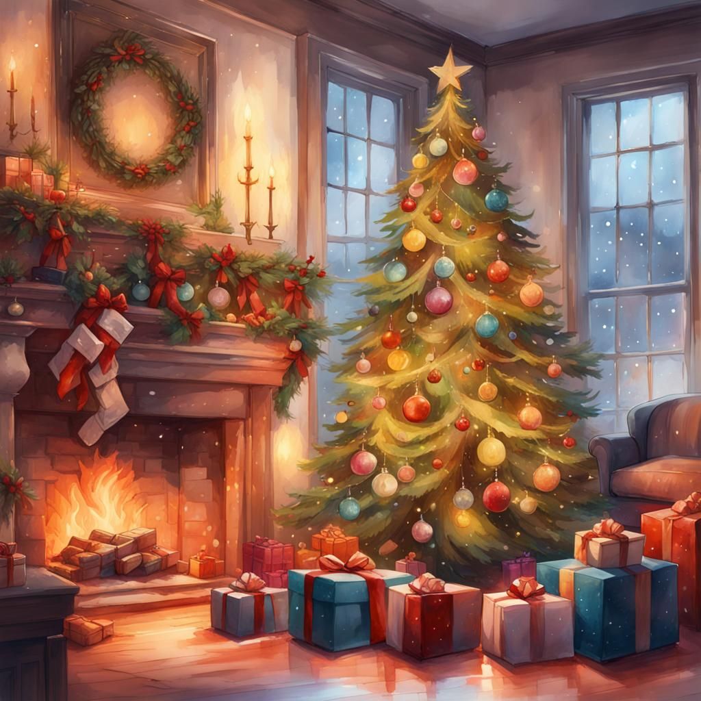 Festive Watercolor Christmas Scene with Presents