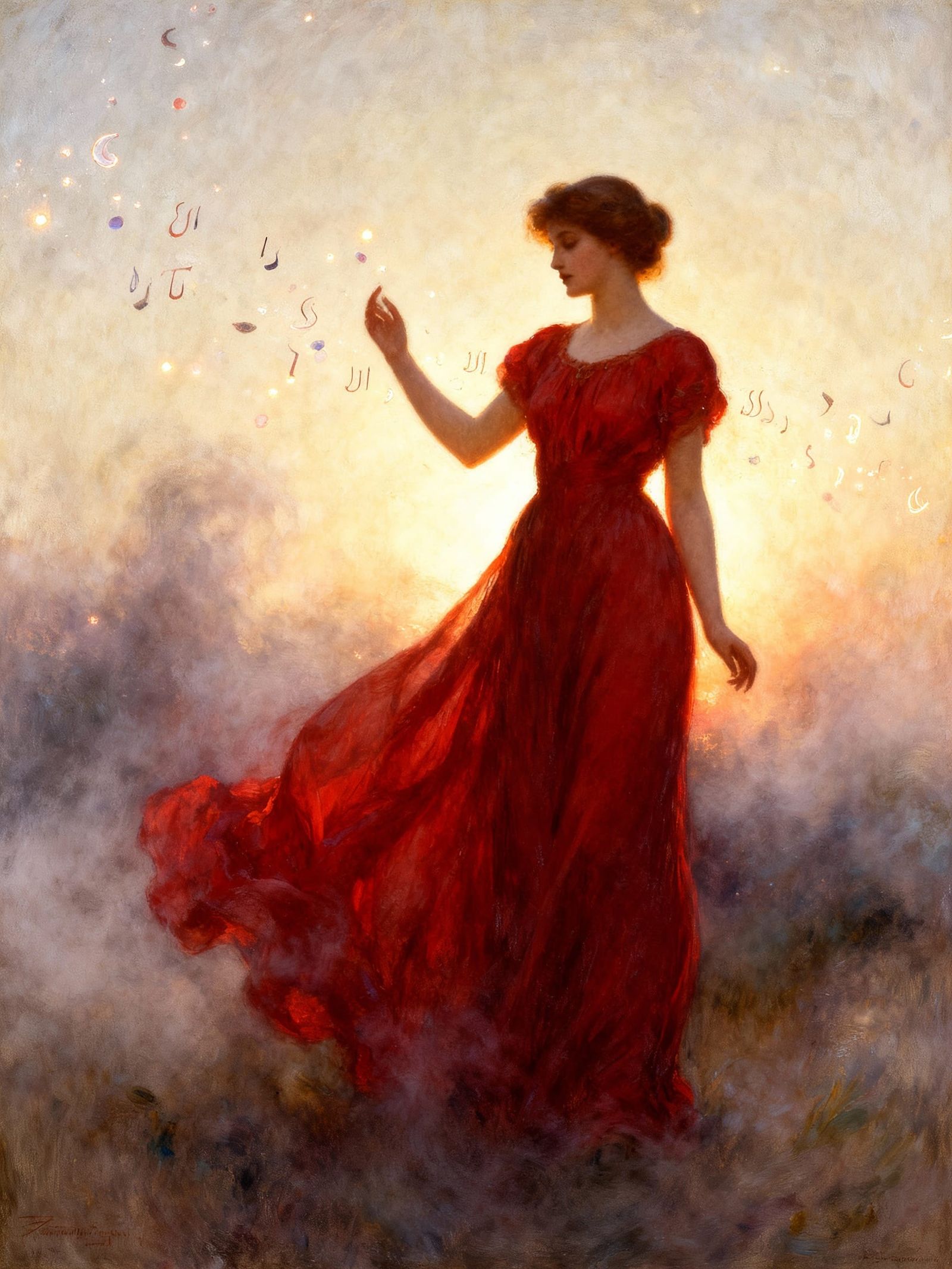 Elegant Woman in Red Dress in Ethereal Glow