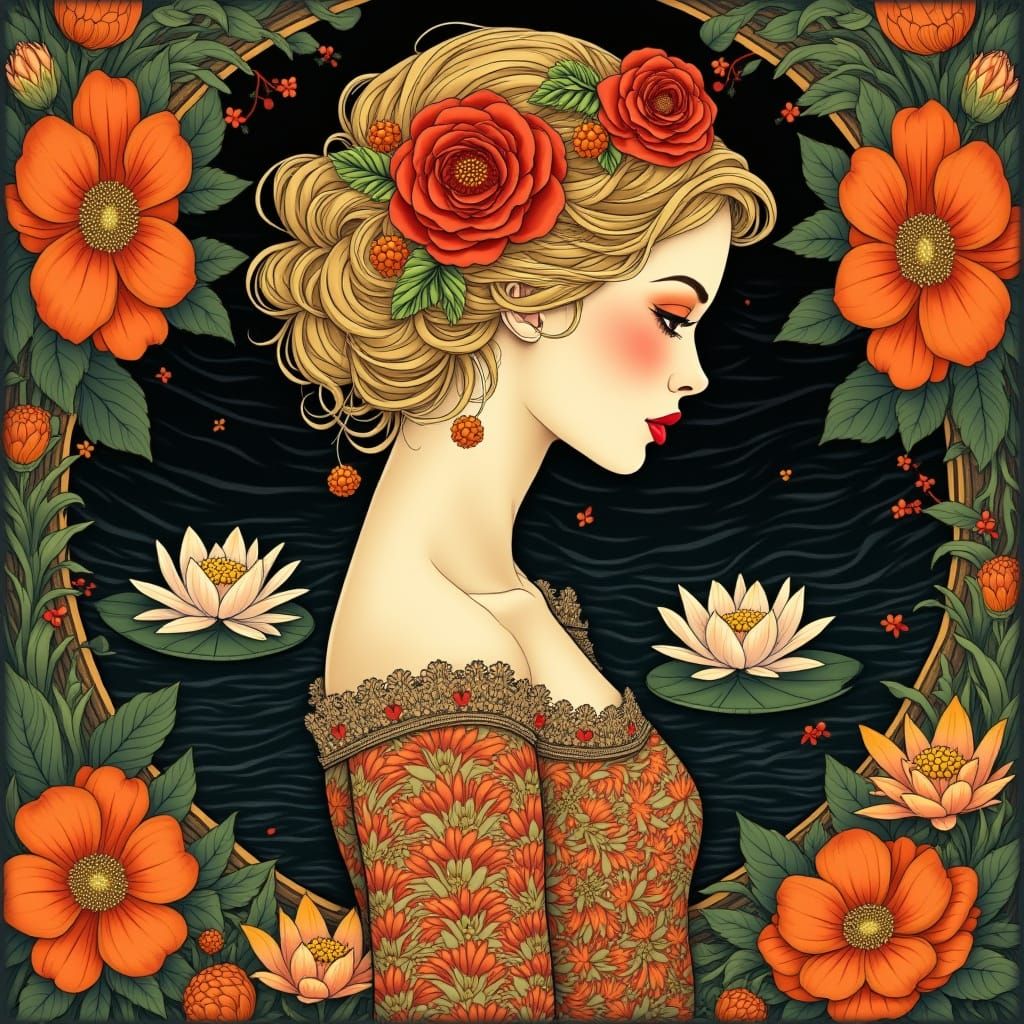 Art Nouveau Portrait of a Woman with Golden Curls and Floral...