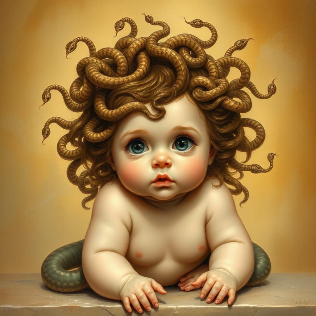 Infant Medusa with Serpent Hair, Classical Art Style