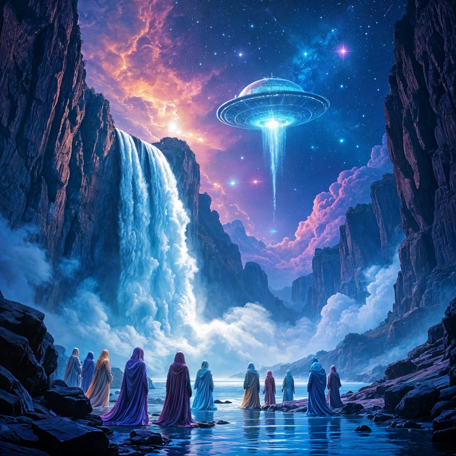 Cosmic Waterfall Party with Aliens