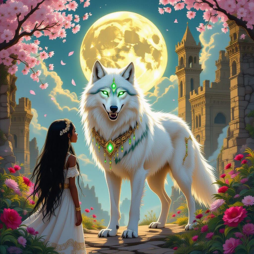 Majestic White Wolf with Emerald Eyes and Jeweled Fur
