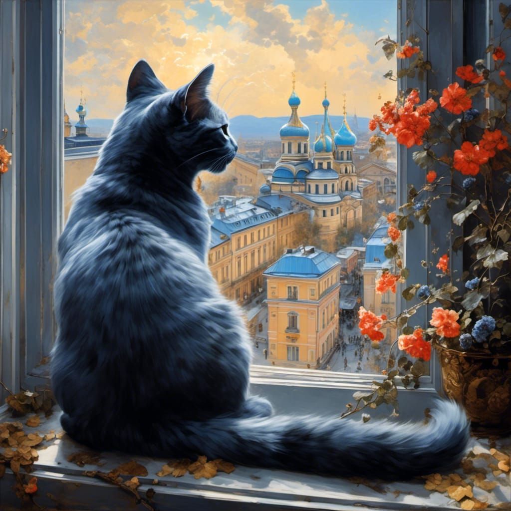 Elegant Russian Blue Cat Gazing Out Window