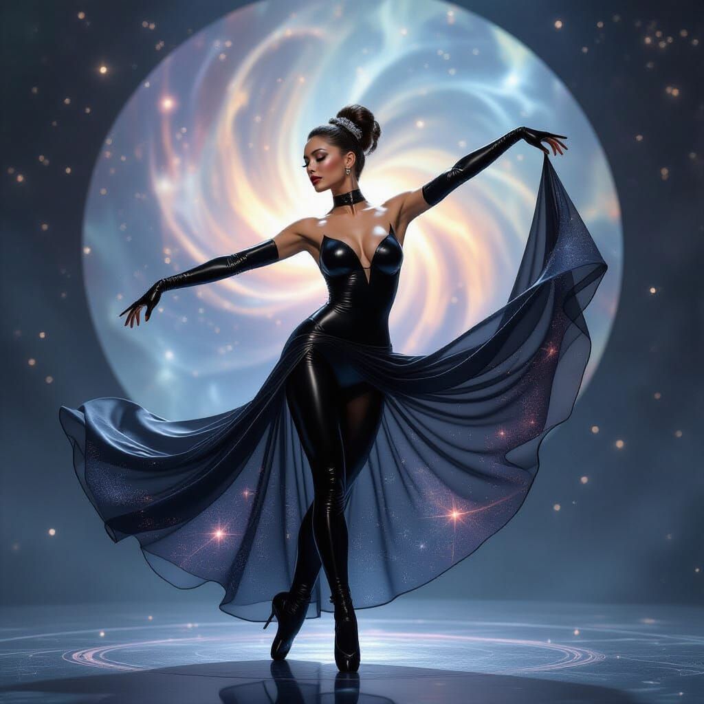 Celestial Dancer in Latex Amidst Nebulae