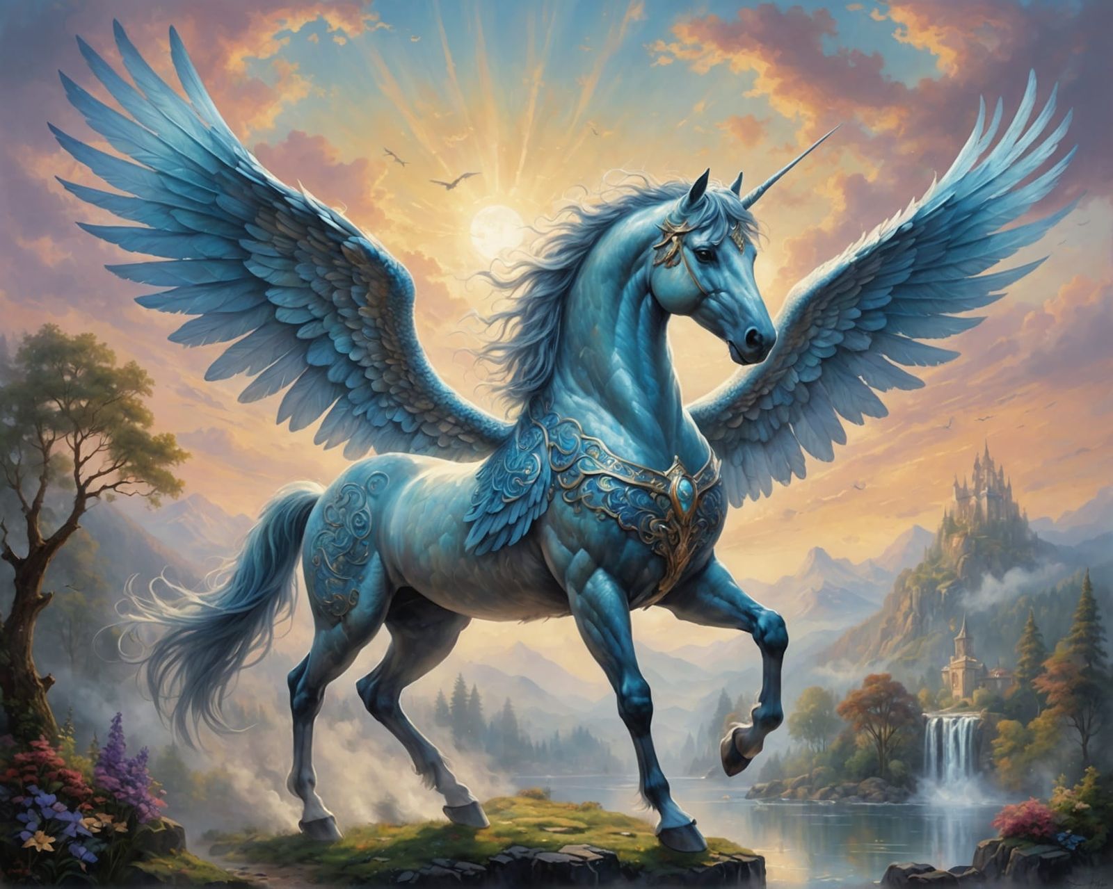 Ethereal Pegasus with Detailed Wings, Oil Painting