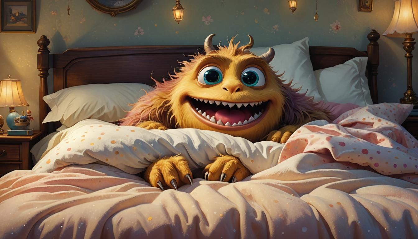 Cute Monster Peeking Under Bed in Whimsical Art