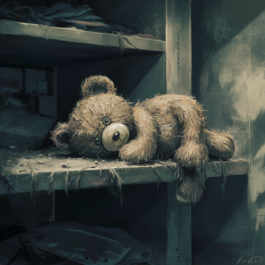 Lonely Teddy Bear on Dusty Shelf