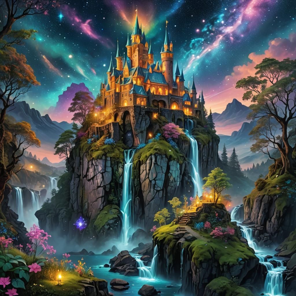 Fairy Forest on a cliff Castle In the Night Sky Waterfall Mystical