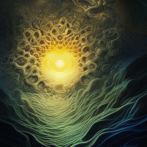 Yggdrasil Oil Painting with Abstract Fractal Elements