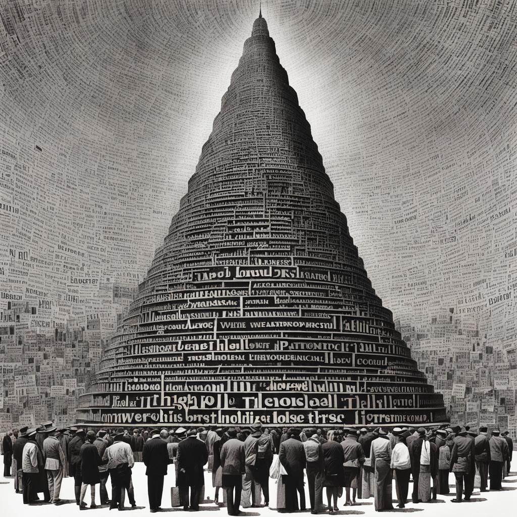 Tower of Babel Made of Words: Ink Drawing