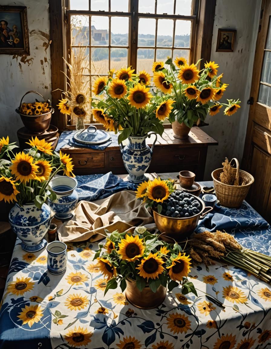 Sunflowers and Dried Grasses with God Rays