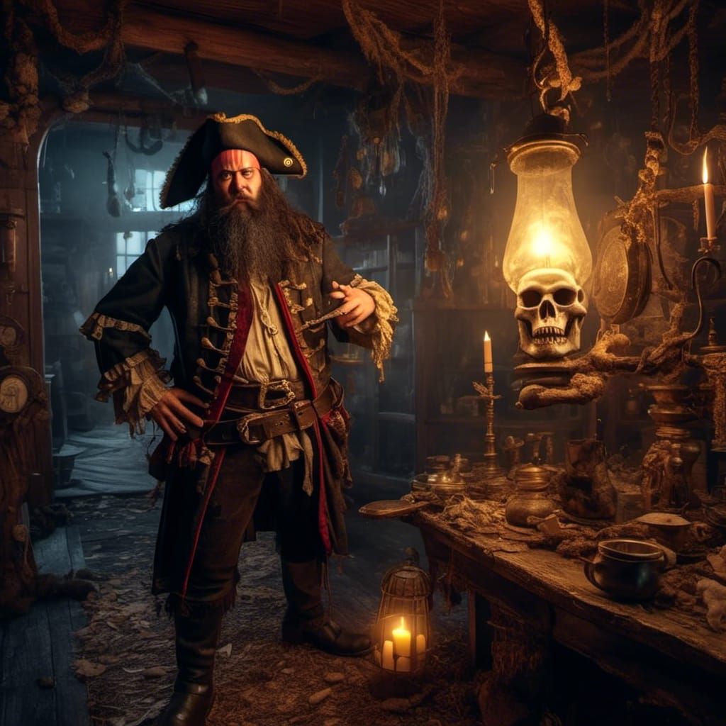 Pirate Captain Banishing Ghosts in Haunted House