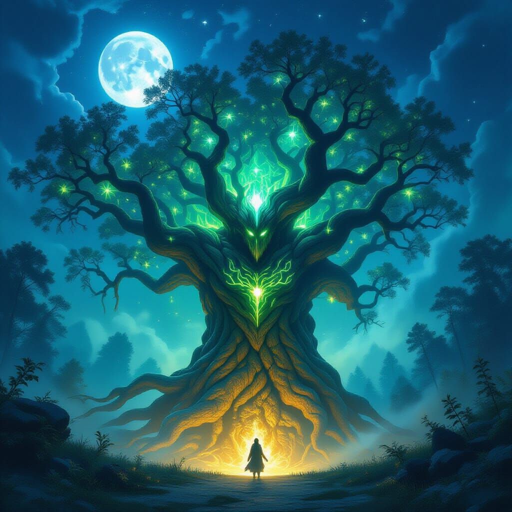 Ancient Tree Spirit Awakens in Mystical Forest Clearing