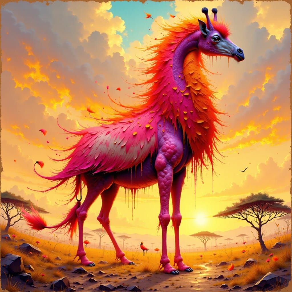 Fire-Flamingo-Giraffe Hybrid in Expressive Digital Painting