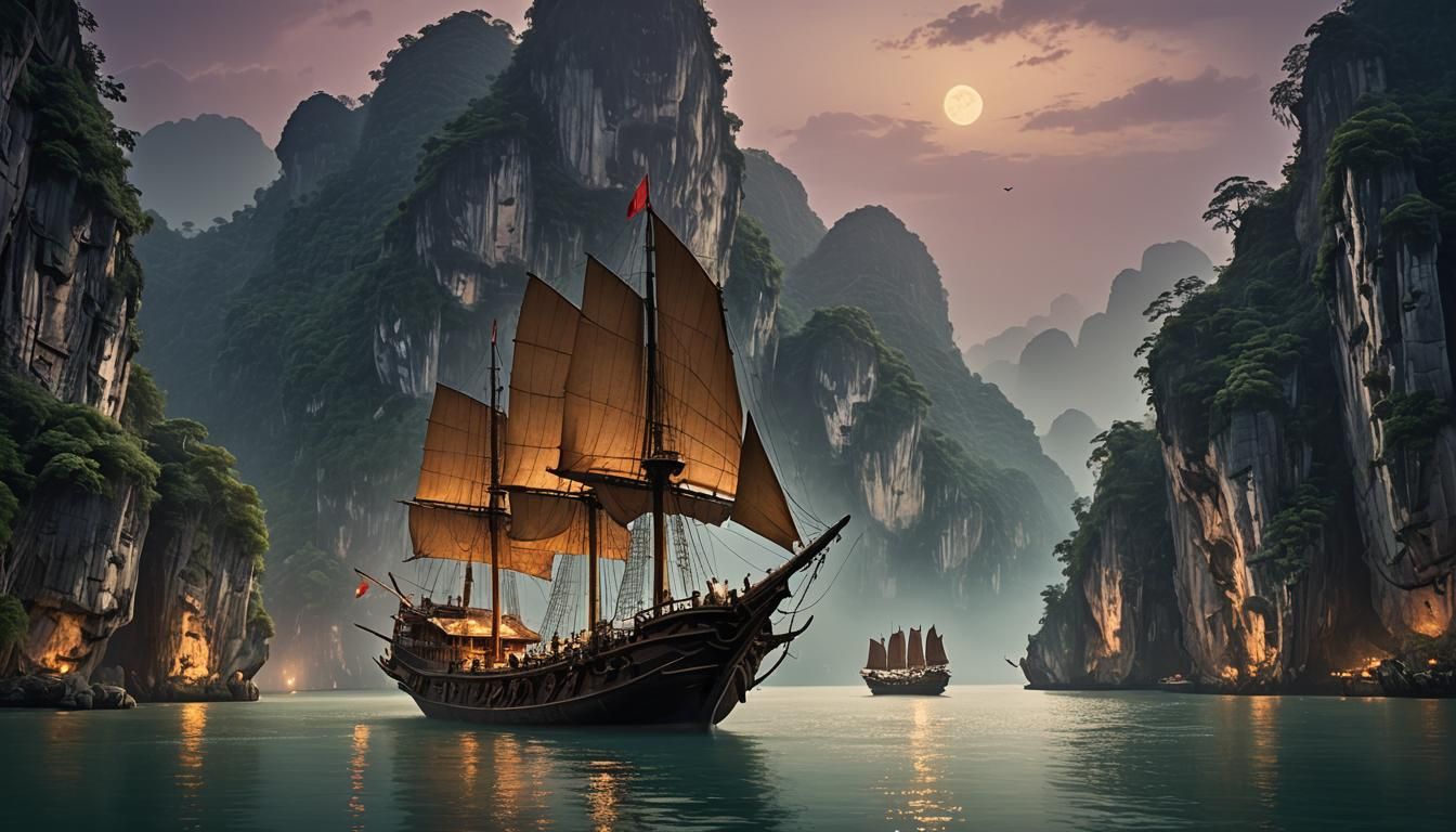 Ancient Chinese Junk Sails Halong Bay: Cinematic Art