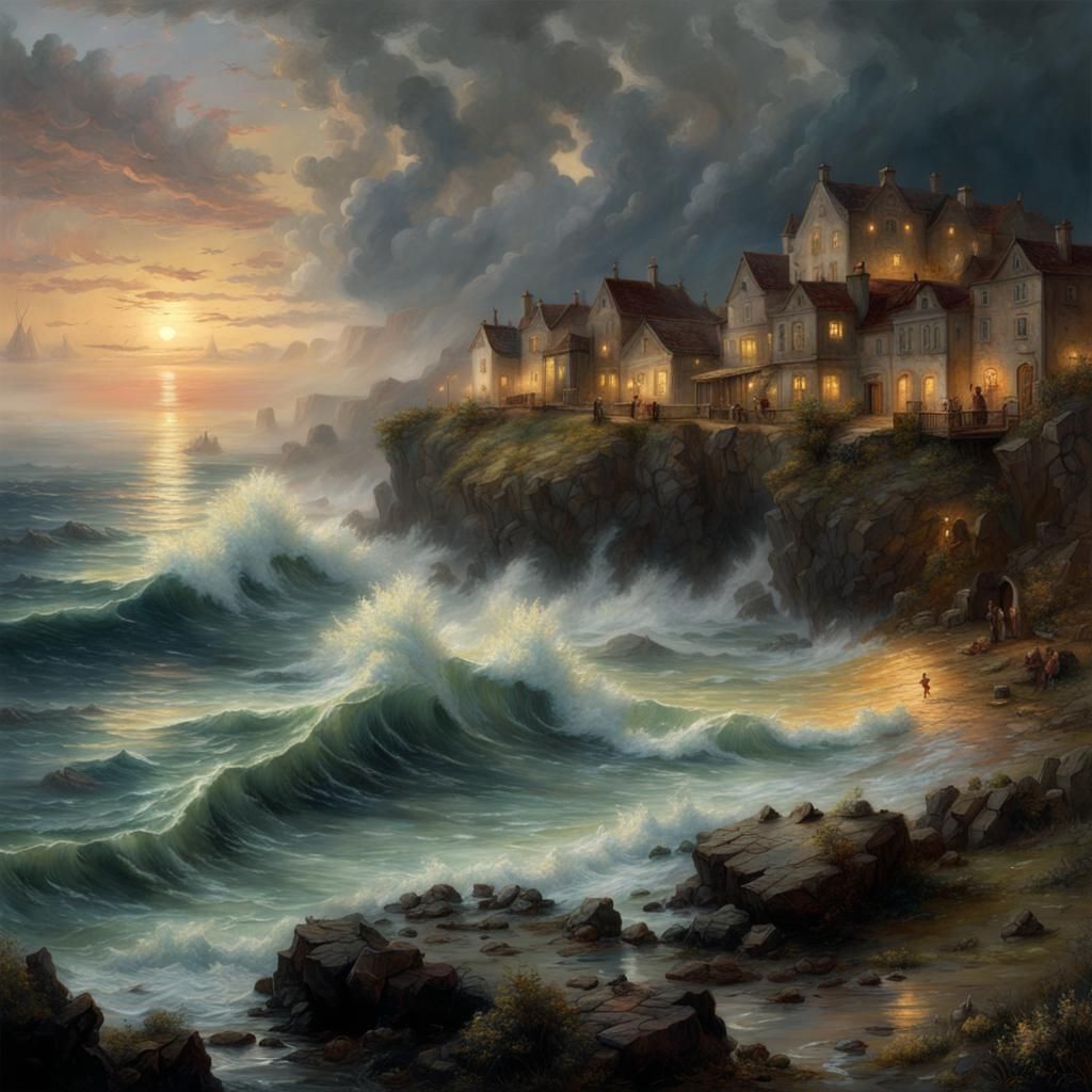 Stormy Coast Dawn in Detailed Matte Painting Style