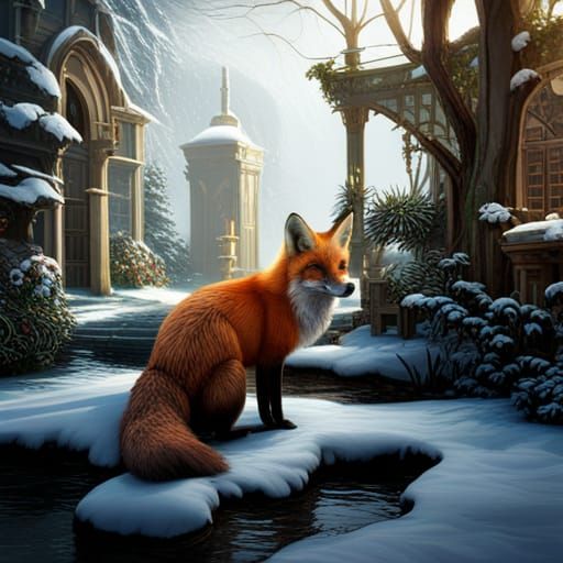 Fox in Winter Garden Fantasy Concept Art