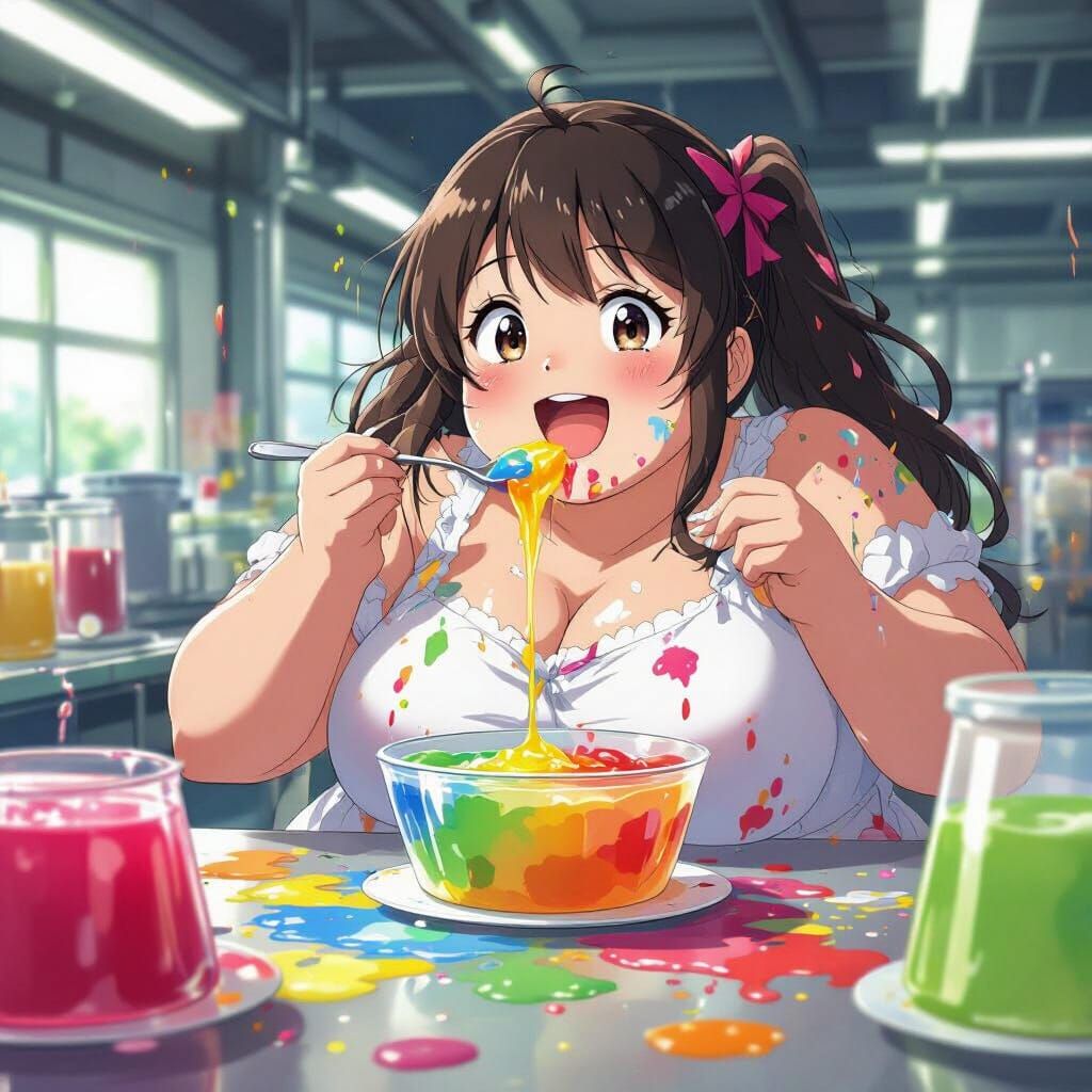 Anime Girl Enjoys Jell-O in Factory