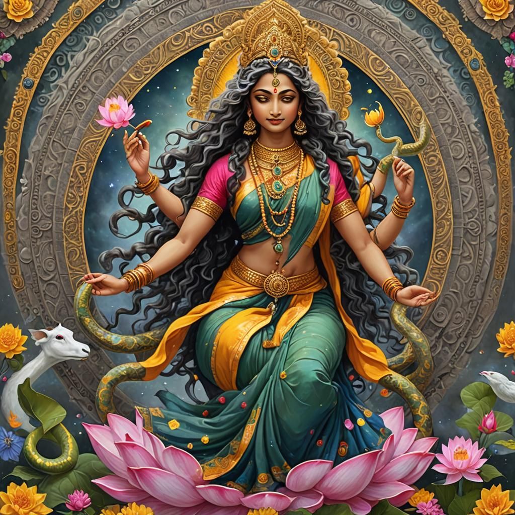 Hindu Goddess with Sitar in Cosmic Landscape