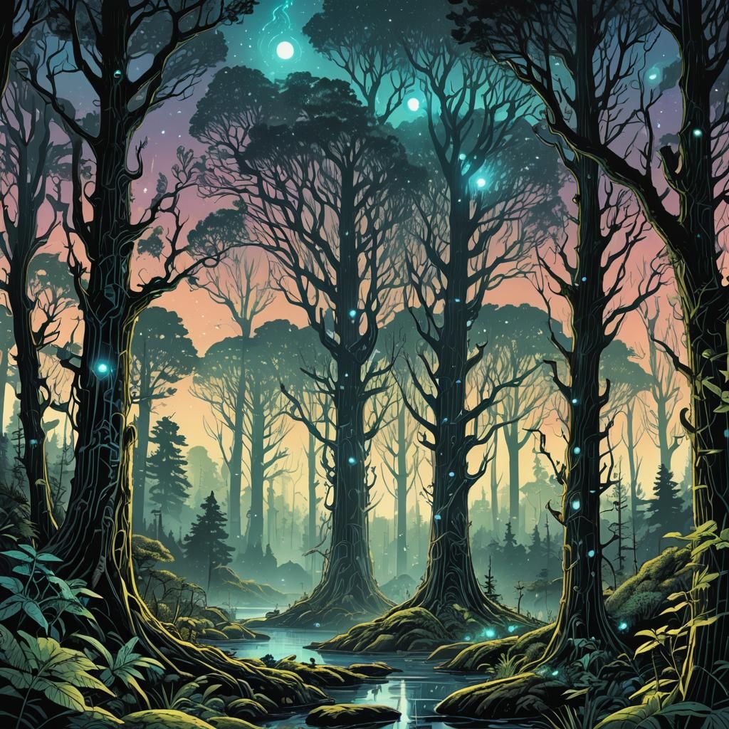 Bioluminescent Cybernetic Forest: Retro D&D Illustration