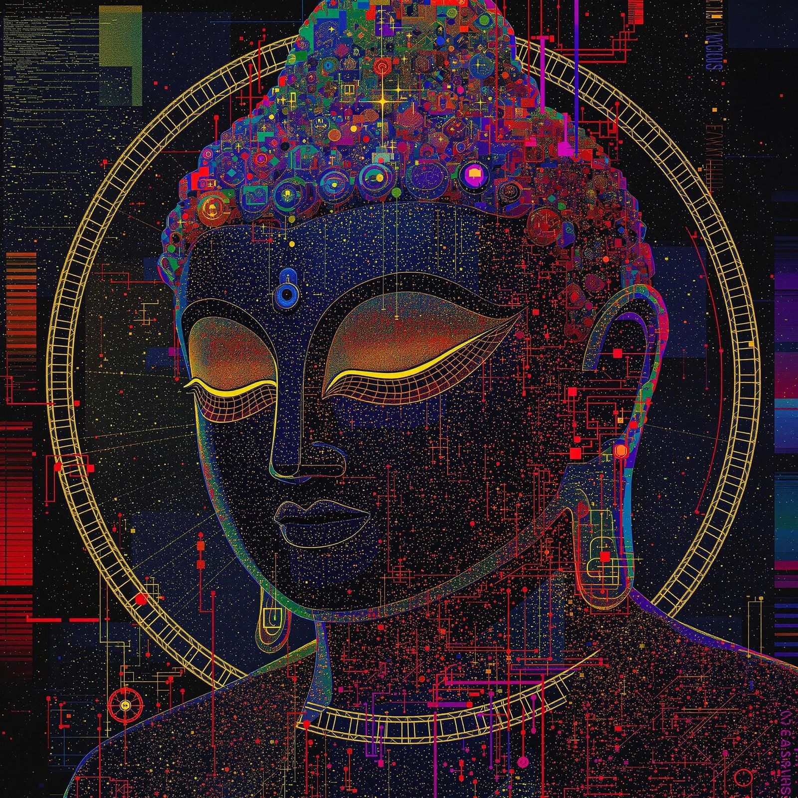 Abstract Indigo Buddha with Glitch Effects