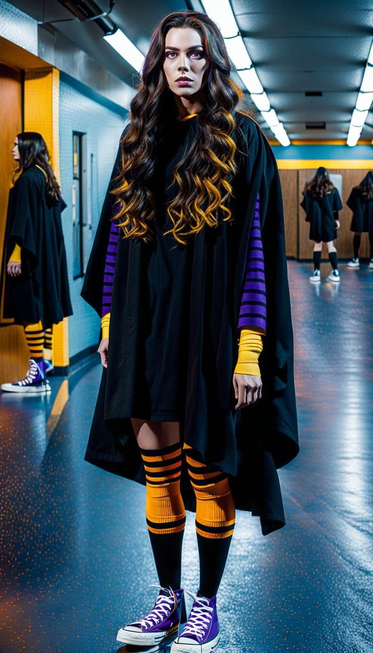 A 20-year-old witch with long hair hanging in waves, her hair is parted down the middle and one side is jet black