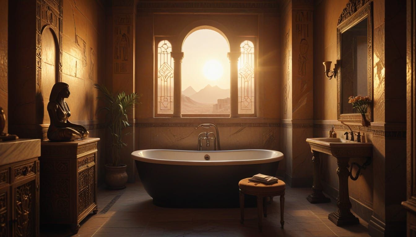 Ancient Egyptian Revival Bathroom Scene in Oil Painting Styl...