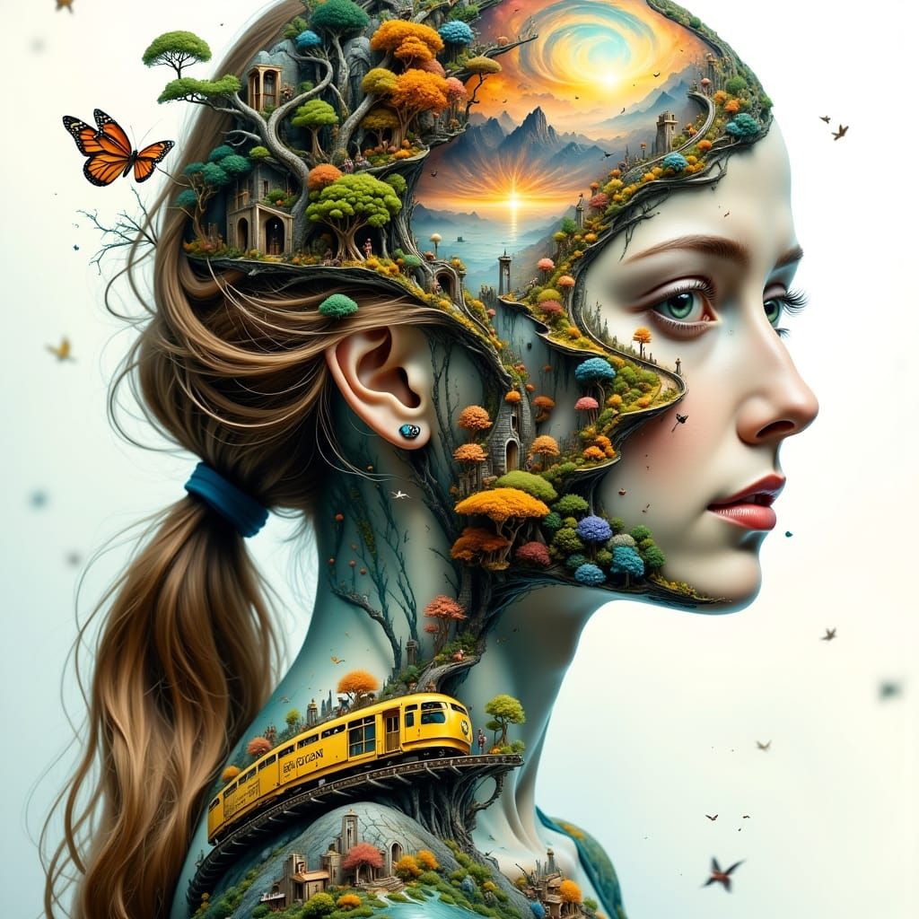 Surreal Portrait of a Woman Transformed into Tracks and Trai...